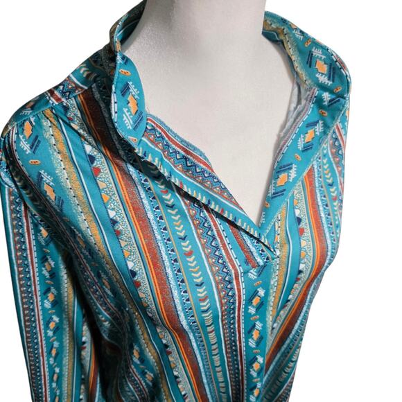 Trissi 90s Teal Aztec Southwest Button Front Blouse Tribal Print Boho Top Large - Picture 2 of 6